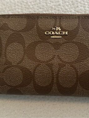Coach Brown Signature Jacquard Zip Wallet with Gold Logo